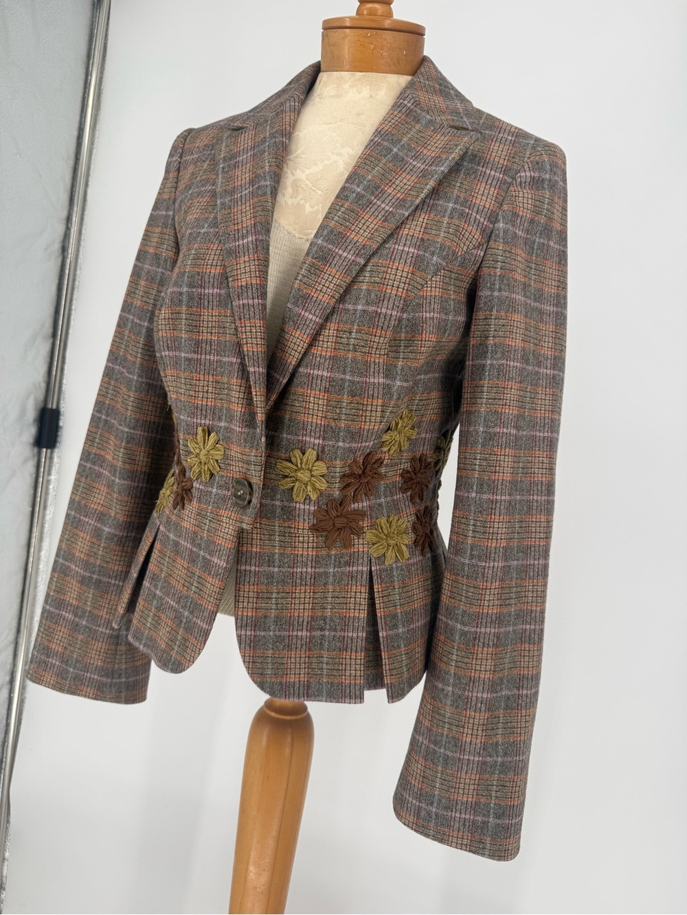 ETRO Plaid Floral-Appliqué Women's Blazer Jacket - Brown Multicolor sz44 - Picture 4 of 14